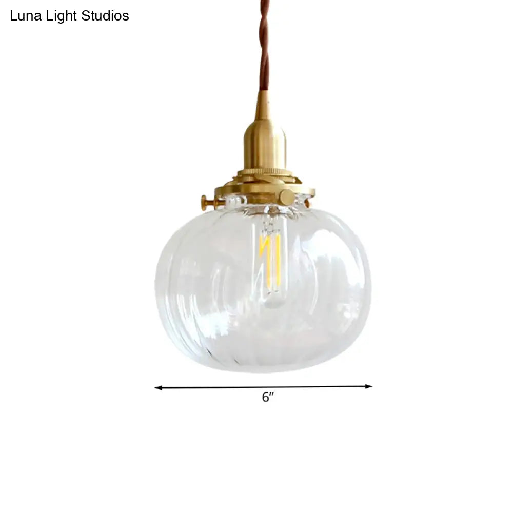 Brass Suspension Light Melon Shape Fluted Glass Pendant Lamp for Corridor