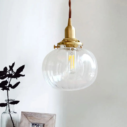 Brass Suspension Light Melon Shape Fluted Glass Pendant Lamp for Corridor