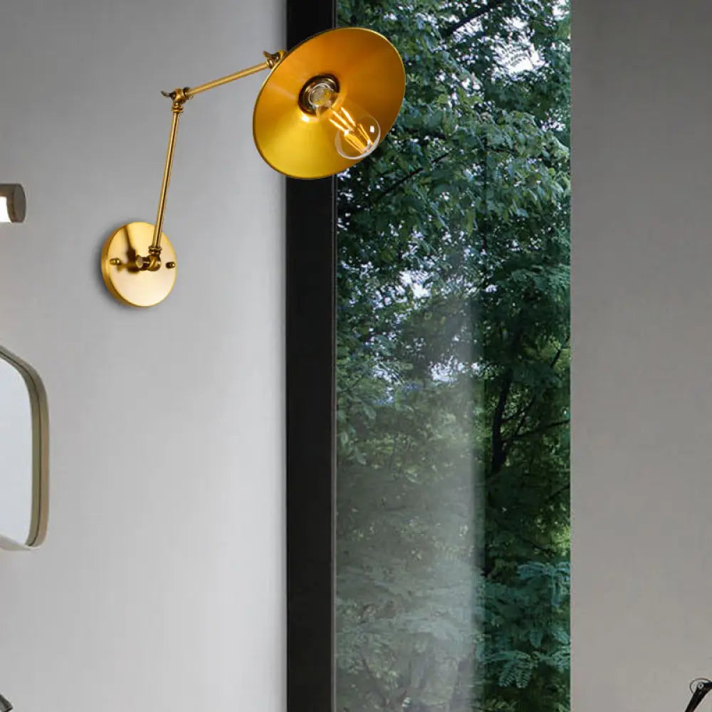 Brass Swing Arm Wall Lamp with Flared Shade - Industrial Style Metal Light
