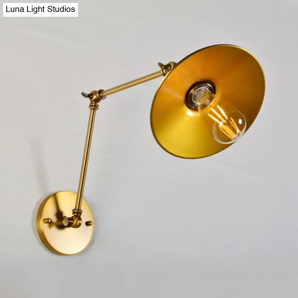Brass Swing Arm Wall Lamp with Flared Shade - Industrial Style Metal Light