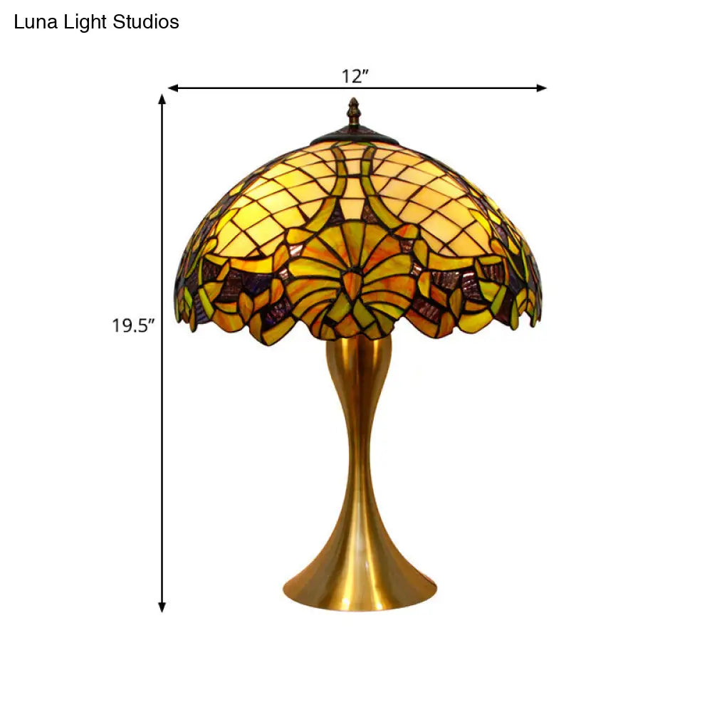 Brass Table Lamp with Hand-Cut Glass Shade - Baroque Style, 1-Light Nightstand Illuminator with Pull-Chain Switch