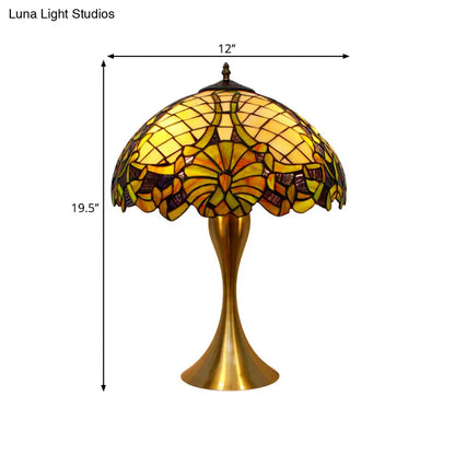 Brass Table Lamp with Hand-Cut Glass Shade - Baroque Style, 1-Light Nightstand Illuminator with Pull-Chain Switch