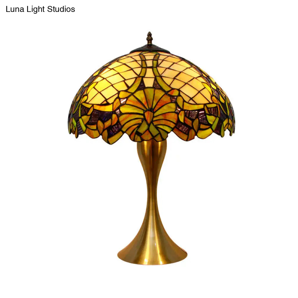 Brass Table Lamp with Hand-Cut Glass Shade - Baroque Style, 1-Light Nightstand Illuminator with Pull-Chain Switch