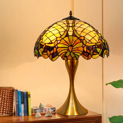 Brass Table Lamp with Hand-Cut Glass Shade - Baroque Style, 1-Light Nightstand Illuminator with Pull-Chain Switch