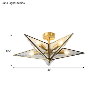 DecorBites™ Brass Textured Glass Star Flush Mount Chandelier - Traditional Ceiling Fixture for Living Room (5 Bulbs)