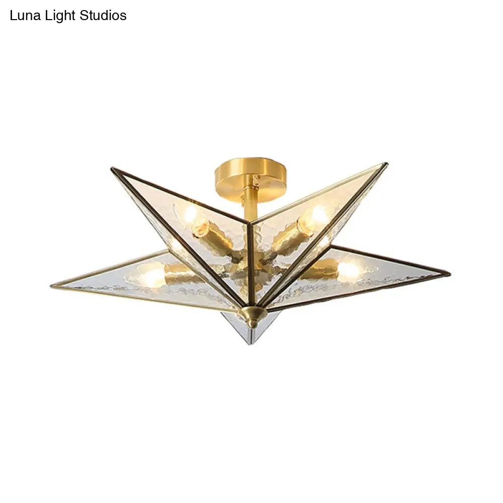 DecorBites™ Brass Textured Glass Star Flush Mount Chandelier - Traditional Ceiling Fixture for Living Room (5 Bulbs)
