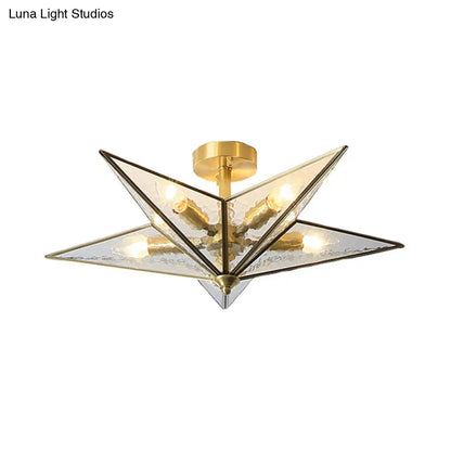 DecorBites™ Brass Textured Glass Star Flush Mount Chandelier - Traditional Ceiling Fixture for Living Room (5 Bulbs)