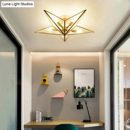 DecorBites™ Brass Textured Glass Star Flush Mount Chandelier - Traditional Ceiling Fixture for Living Room (5 Bulbs)