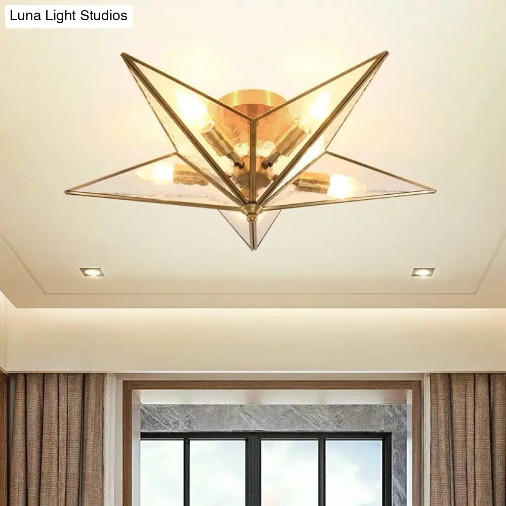 DecorBites™ Brass Textured Glass Star Flush Mount Chandelier - Traditional Ceiling Fixture for Living Room (5 Bulbs)