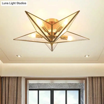 DecorBites™ Brass Textured Glass Star Flush Mount Chandelier - Traditional Ceiling Fixture for Living Room (5 Bulbs)
