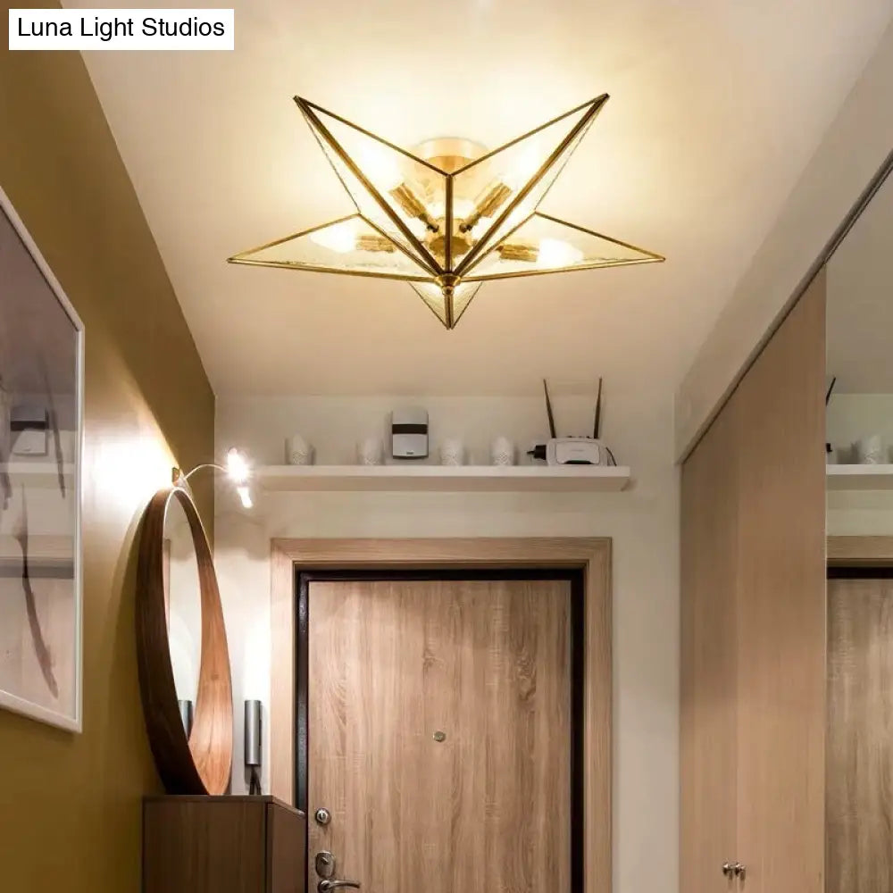 DecorBites™ Brass Textured Glass Star Flush Mount Chandelier - Traditional Ceiling Fixture for Living Room (5 Bulbs)