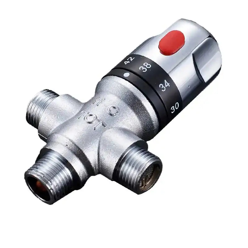 Silver metallic decorbites brass thermostatic mixer valve with black celsius dial and red reset button for shower control