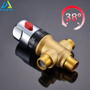 Brass thermostatic shower mixer valve with chrome finish and red dial showing temperature settings from 30 to 45 c