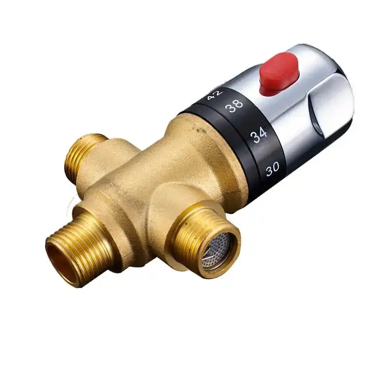 Brass thermostatic shower mixer valve in chrome with red reset button and adjustable temperature from 30 to 42 degrees decorbites brass thermostatic