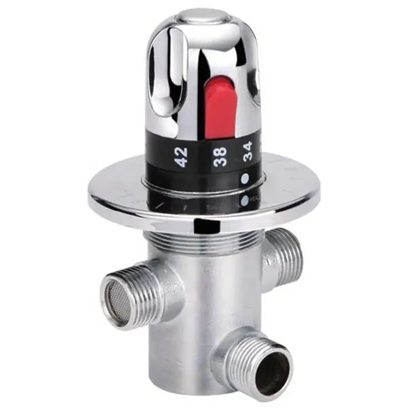 Chrome finished brass thermostatic shower mixer valve with red indicator and temperature markings by decorbites brass thermostatic