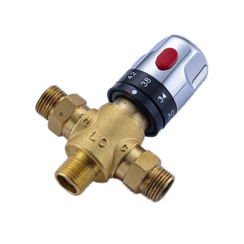Brass thermostatic shower mixer valve decorbites with chrome knob red button and temperature markings 30 to 42 degrees