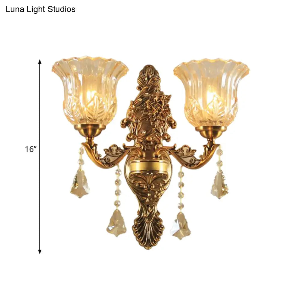 Brass Wall Lamp with Flower Shade Ribbed Glass - Traditional 2-Head Wall Lighting for Living Room
