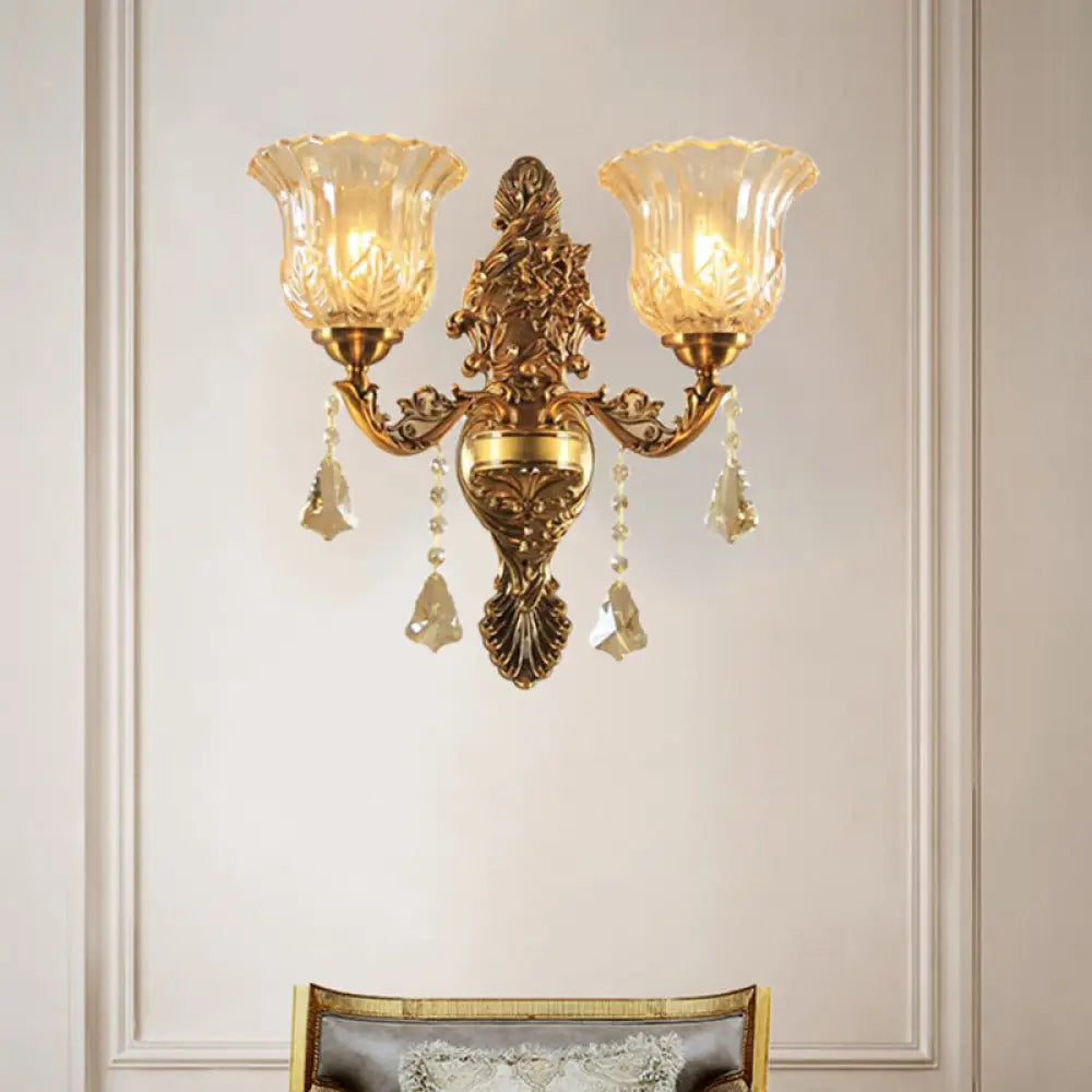Brass Wall Lamp with Flower Shade Ribbed Glass - Traditional 2-Head Wall Lighting for Living Room