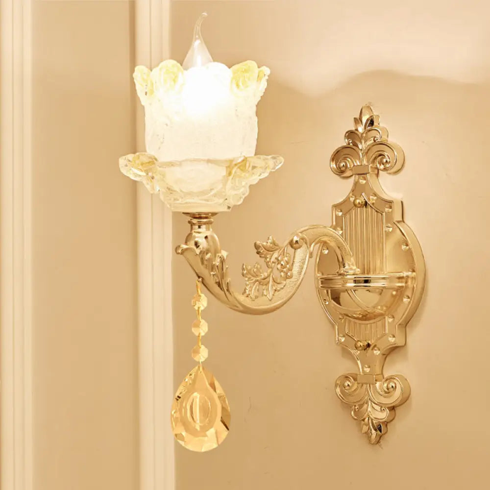 Brass Wall Mount Sconce with Scrolled Arms, Glass Blossom Shade, and Crystal Accents