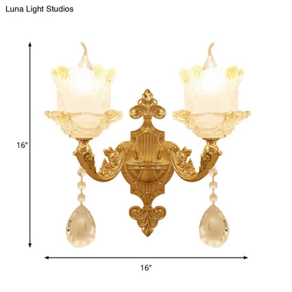 Brass Wall Mount Sconce with Scrolled Arms, Glass Blossom Shade, and Crystal Accents
