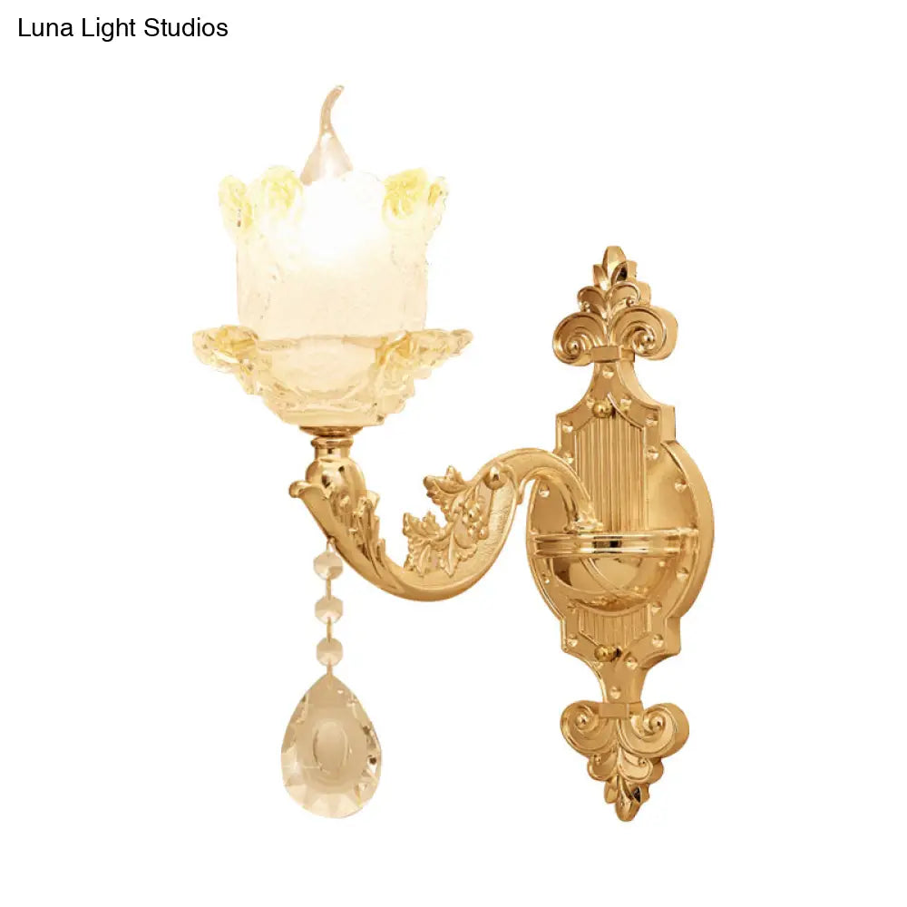 Brass Wall Mount Sconce with Scrolled Arms, Glass Blossom Shade, and Crystal Accents