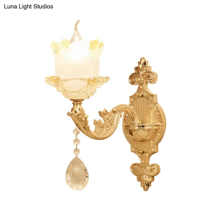 Brass Wall Mount Sconce with Scrolled Arms, Glass Blossom Shade, and Crystal Accents