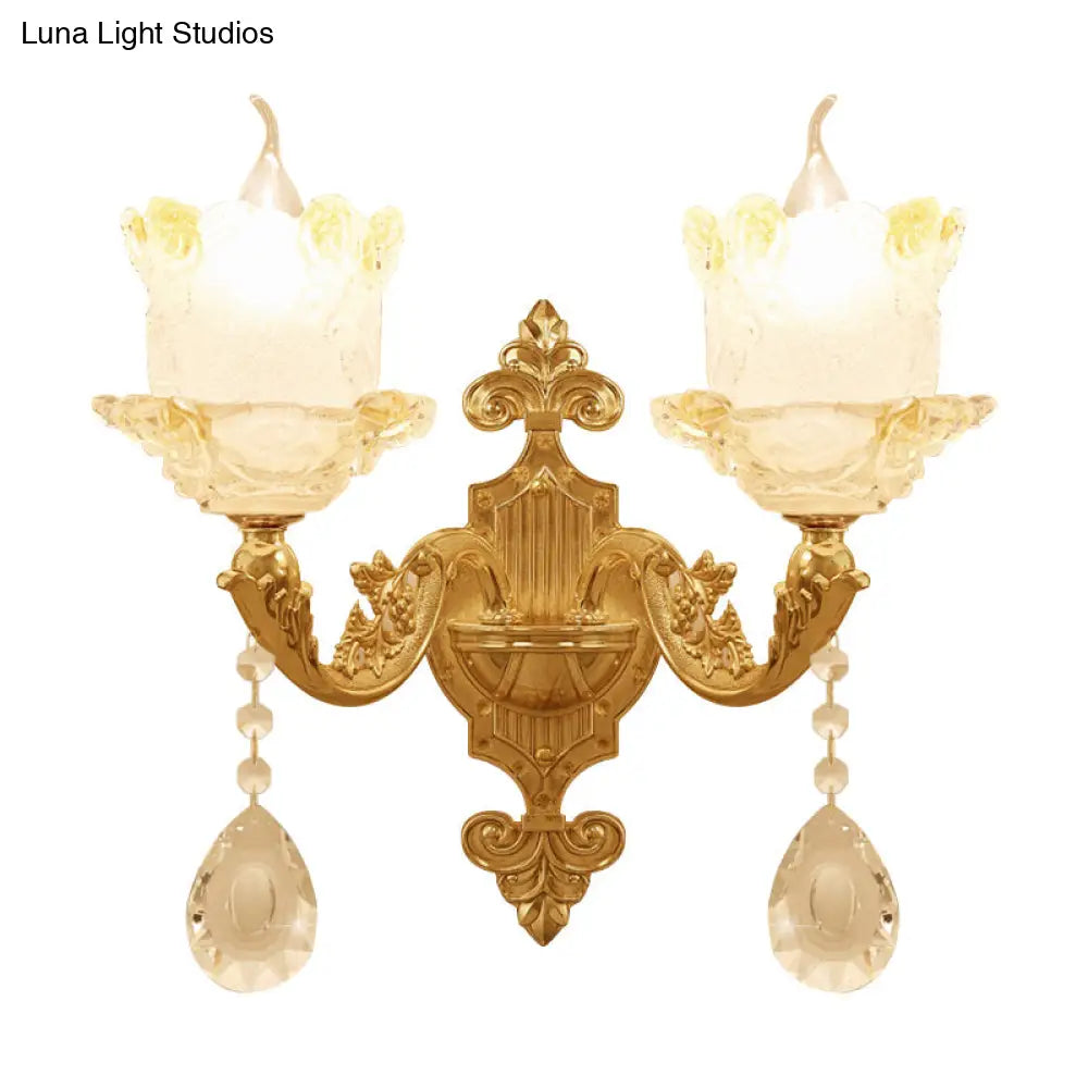 Brass Wall Mount Sconce with Scrolled Arms, Glass Blossom Shade, and Crystal Accents