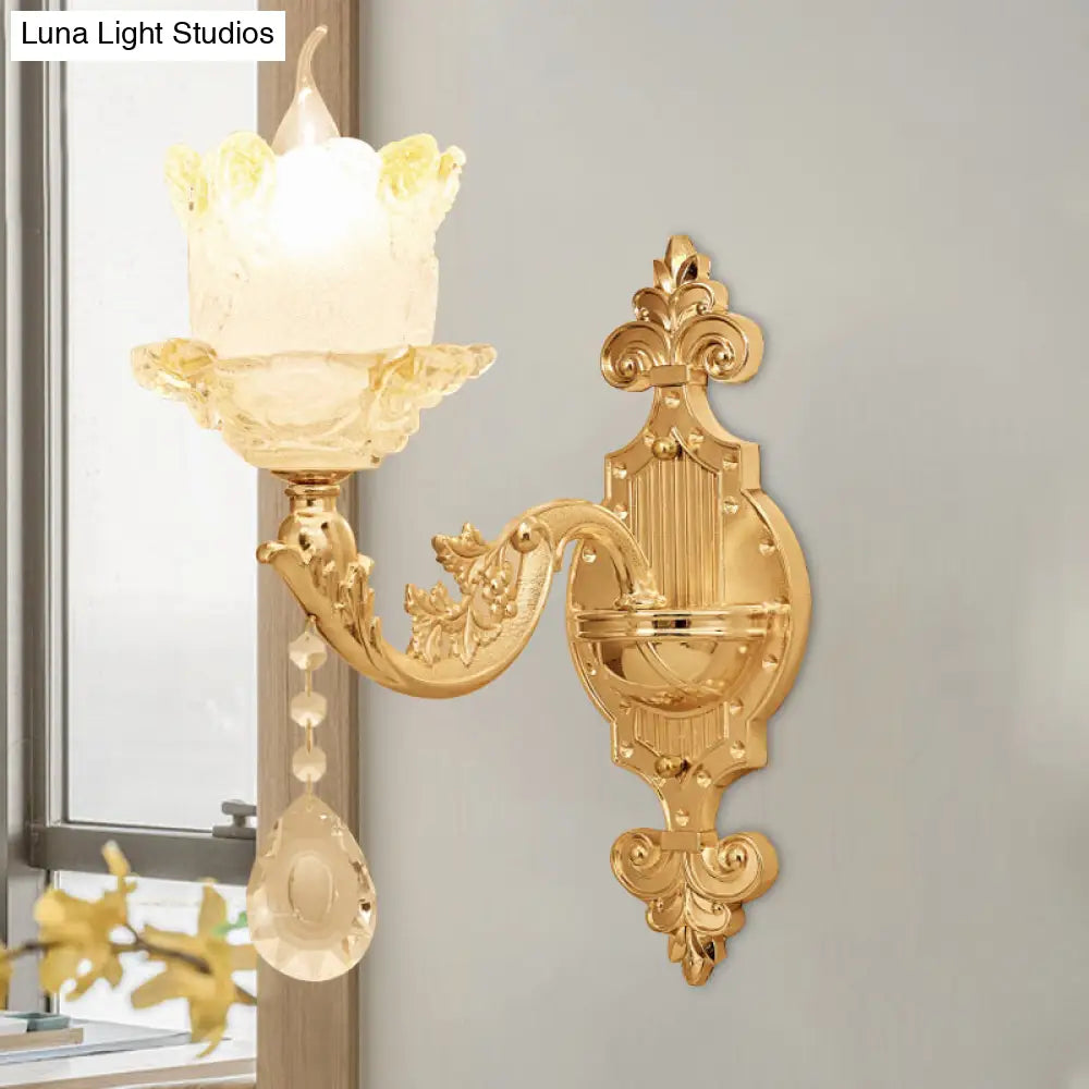 Brass Wall Mount Sconce with Scrolled Arms, Glass Blossom Shade, and Crystal Accents