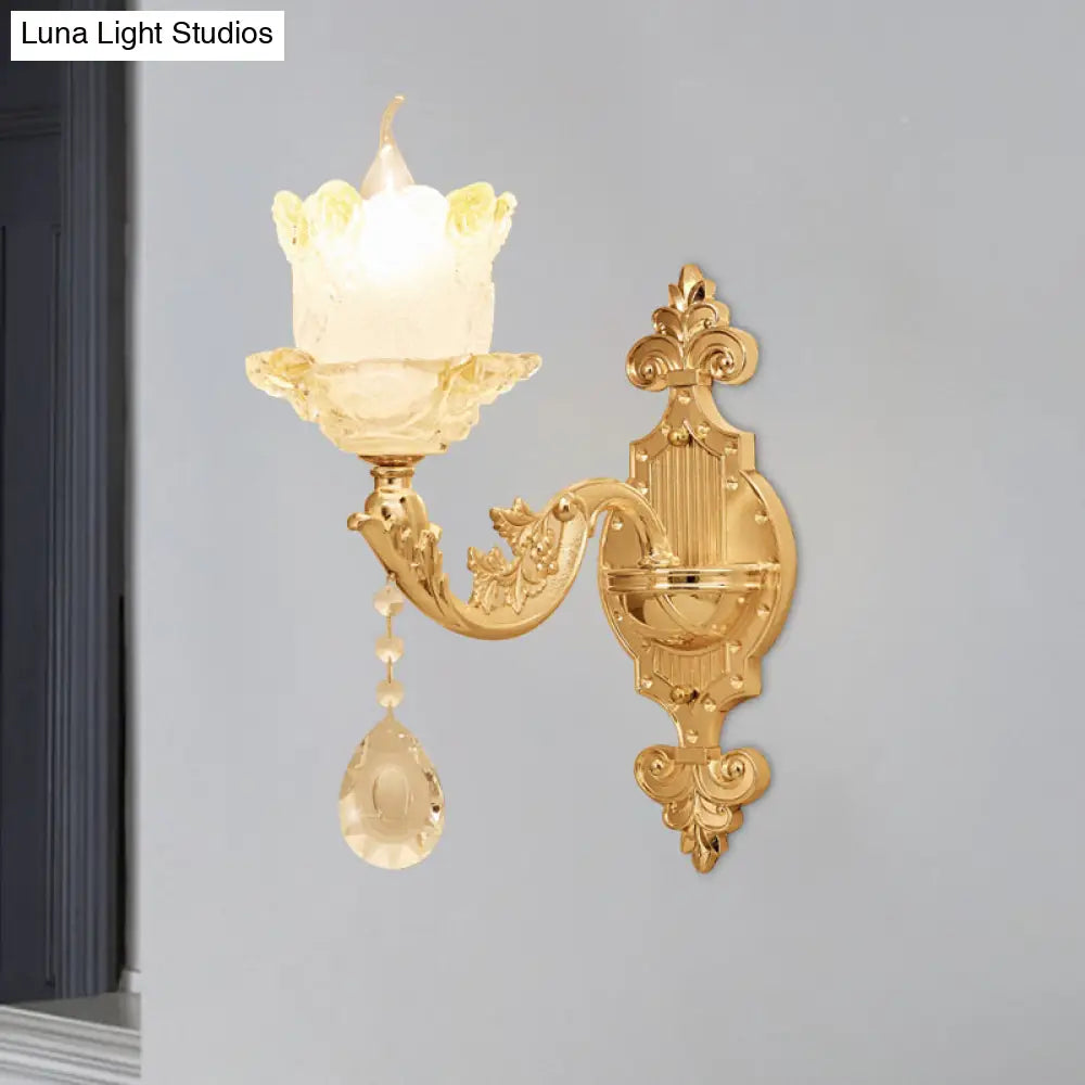 Brass Wall Mount Sconce with Scrolled Arms, Glass Blossom Shade, and Crystal Accents