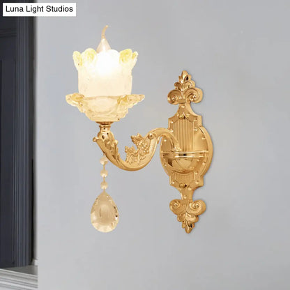 Brass Wall Mount Sconce with Scrolled Arms, Glass Blossom Shade, and Crystal Accents
