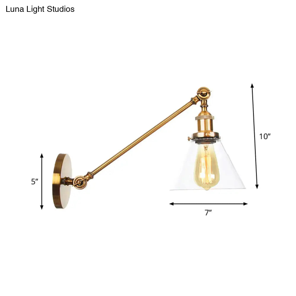 DecorBites™ Brass Wall Mounted Clear Glass Sconce Light with Rotating Single-Bulb Saucer/Cone Design & Straight Arm