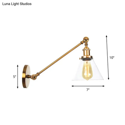 DecorBites™ Brass Wall Mounted Clear Glass Sconce Light with Rotating Single-Bulb Saucer/Cone Design & Straight Arm