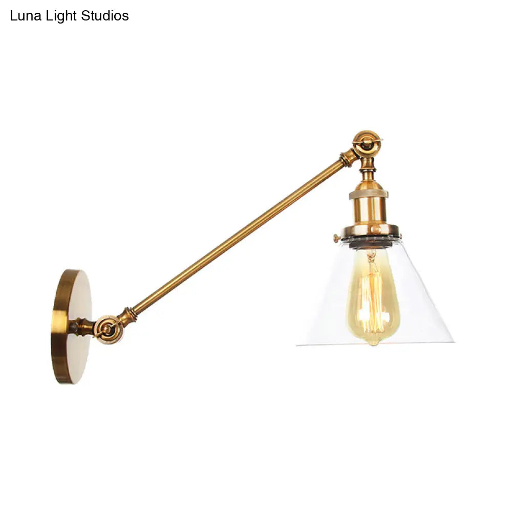 DecorBites™ Brass Wall Mounted Clear Glass Sconce Light with Rotating Single-Bulb Saucer/Cone Design & Straight Arm