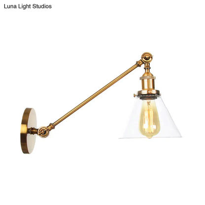 DecorBites™ Brass Wall Mounted Clear Glass Sconce Light with Rotating Single-Bulb Saucer/Cone Design & Straight Arm