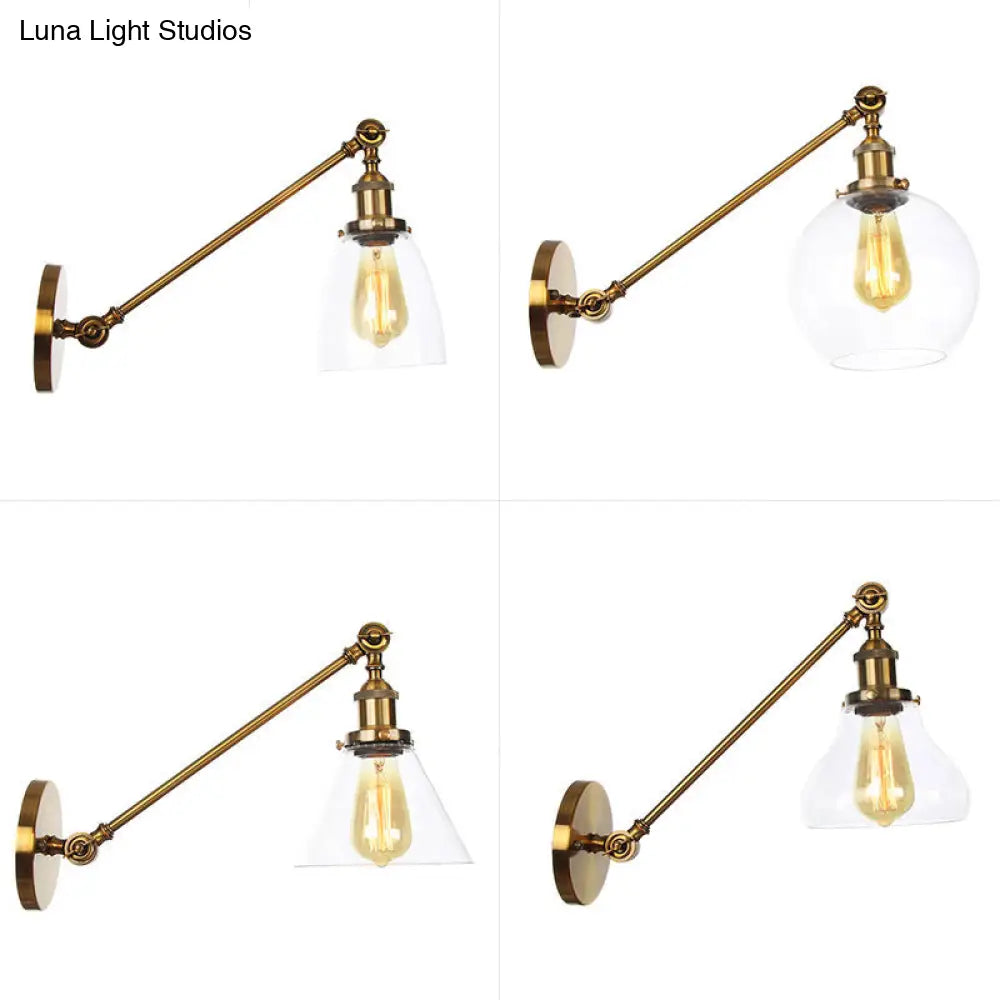 DecorBites™ Brass Wall Mounted Clear Glass Sconce Light with Rotating Single-Bulb Saucer/Cone Design & Straight Arm