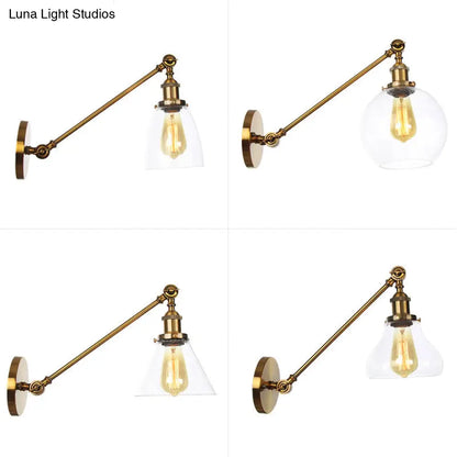 DecorBites™ Brass Wall Mounted Clear Glass Sconce Light with Rotating Single-Bulb Saucer/Cone Design & Straight Arm