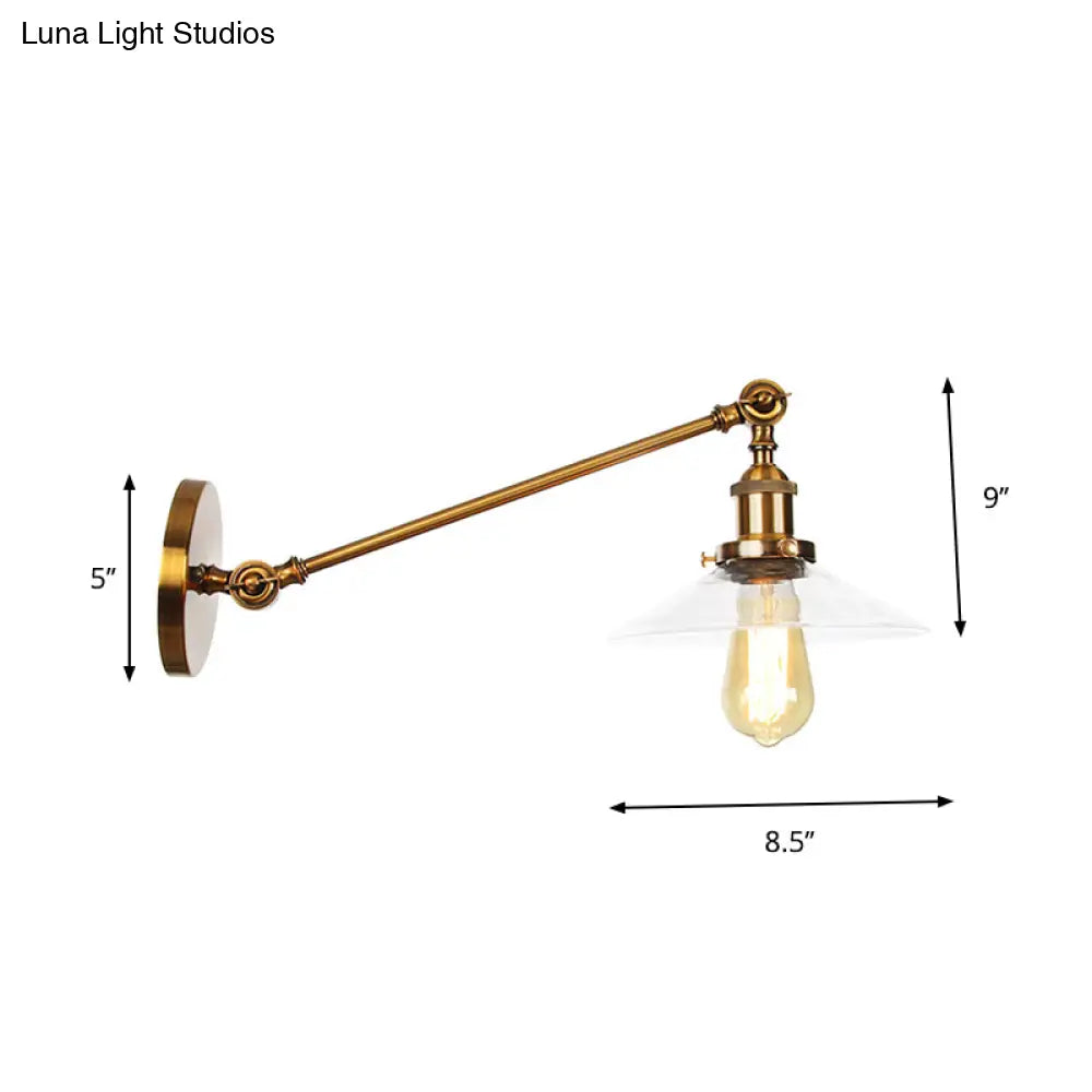 DecorBites™ Brass Wall Mounted Clear Glass Sconce Light with Rotating Single-Bulb Saucer/Cone Design & Straight Arm