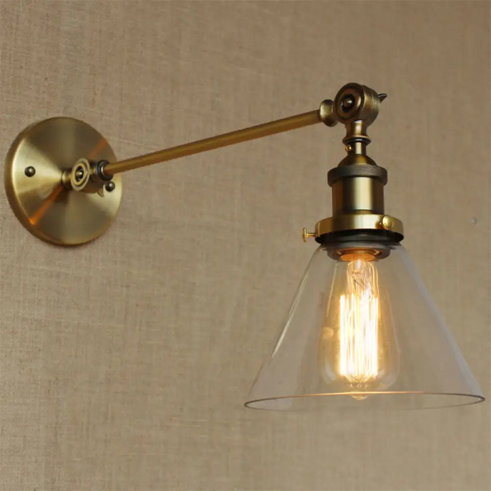 DecorBites™ Brass Wall Mounted Clear Glass Sconce Light with Rotating Single-Bulb Saucer/Cone Design & Straight Arm
