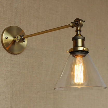 DecorBites™ Brass Wall Mounted Clear Glass Sconce Light with Rotating Single-Bulb Saucer/Cone Design & Straight Arm