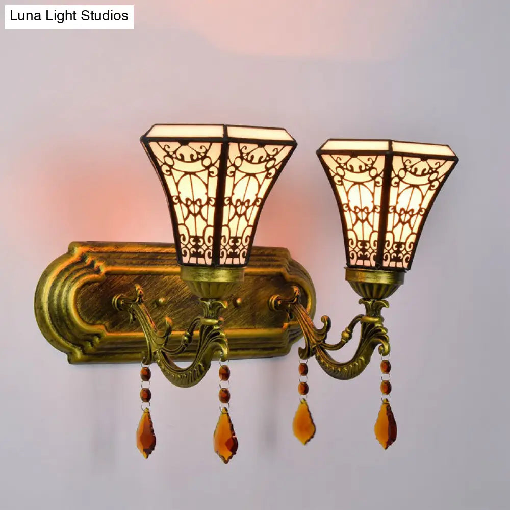 Brass Wall Mounted Lamp with Stained Glass Mission Design and Dual Bulbs