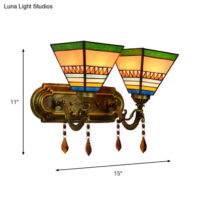 Brass Wall Mounted Lamp with Stained Glass Mission Design and Dual Bulbs
