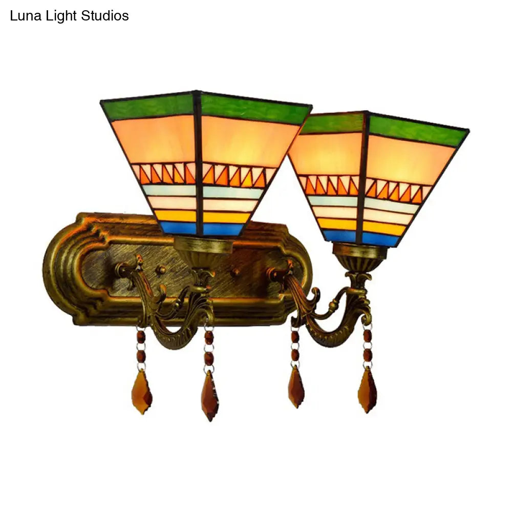 Brass Wall Mounted Lamp with Stained Glass Mission Design and Dual Bulbs