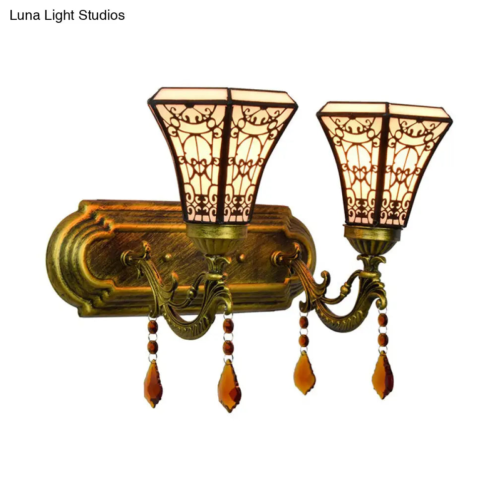 Brass Wall Mounted Lamp with Stained Glass Mission Design and Dual Bulbs