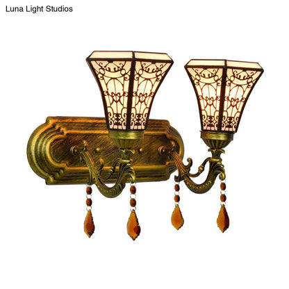 Brass Wall Mounted Lamp with Stained Glass Mission Design and Dual Bulbs