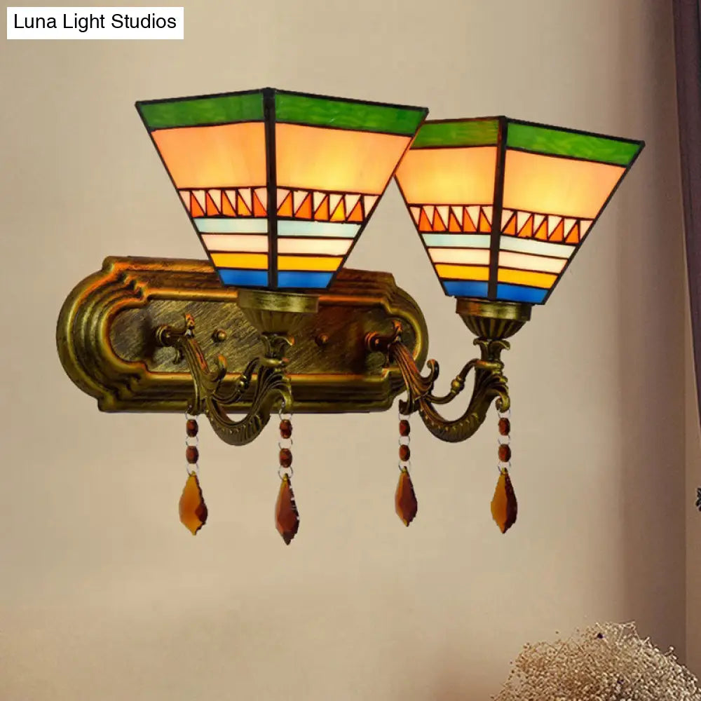 Brass Wall Mounted Lamp with Stained Glass Mission Design and Dual Bulbs