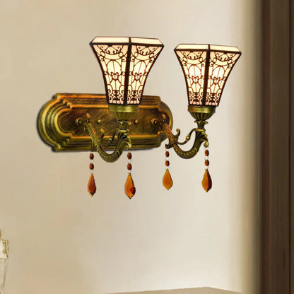 Brass Wall Mounted Lamp with Stained Glass Mission Design and Dual Bulbs