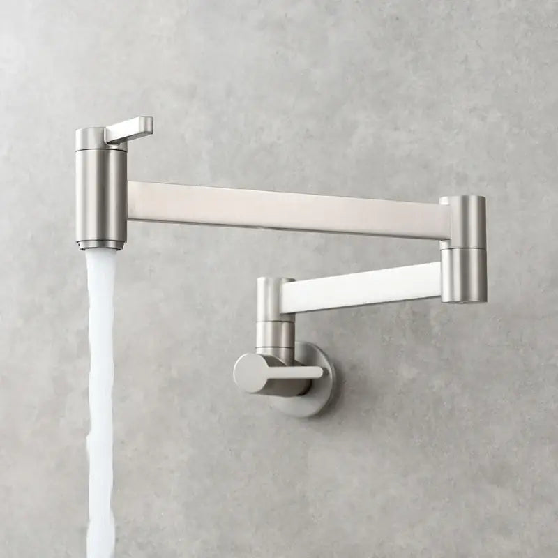 Stainless steel brass wall mounted pot filler kitchen faucet with sleek modern gooseneck and adjustable articulated arm