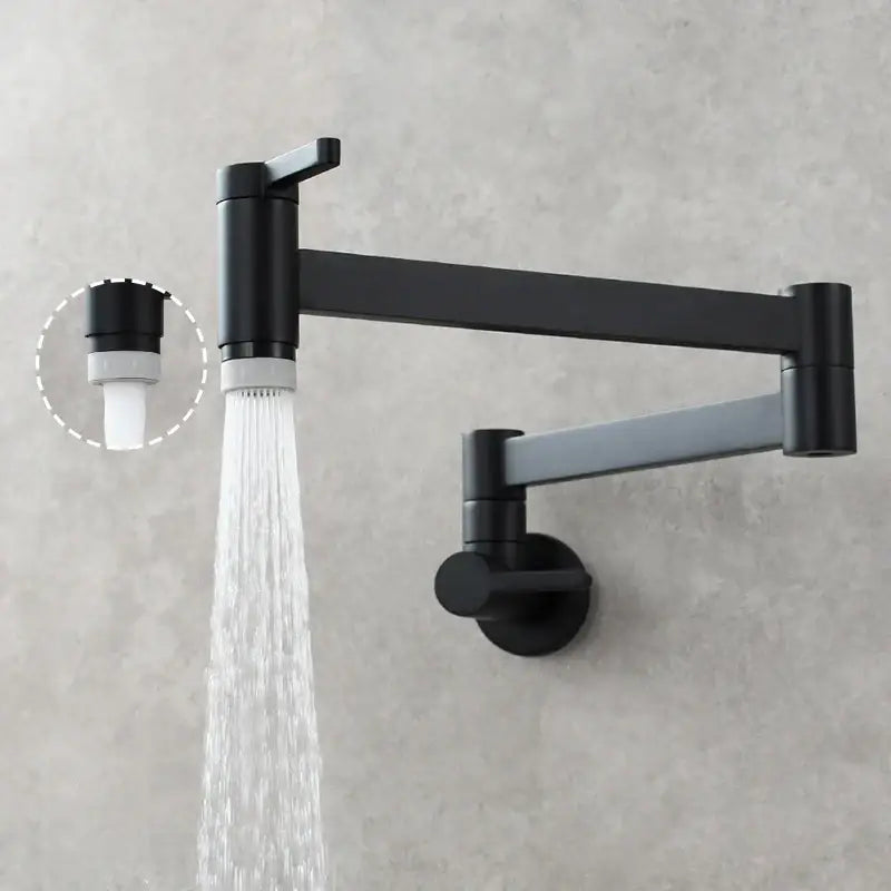 Black matte kitchen faucet with brass wall mounted pot filler and articulated gooseneck for versatile kitchen use