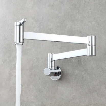 Brass wall mounted pot filler kitchen faucet with articulated chrome finished gooseneck and two adjustable arms