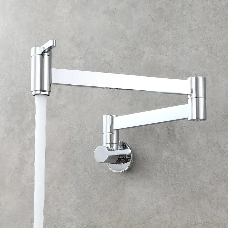Brass wall mounted pot filler kitchen faucet with articulated chrome finished gooseneck and two adjustable arms